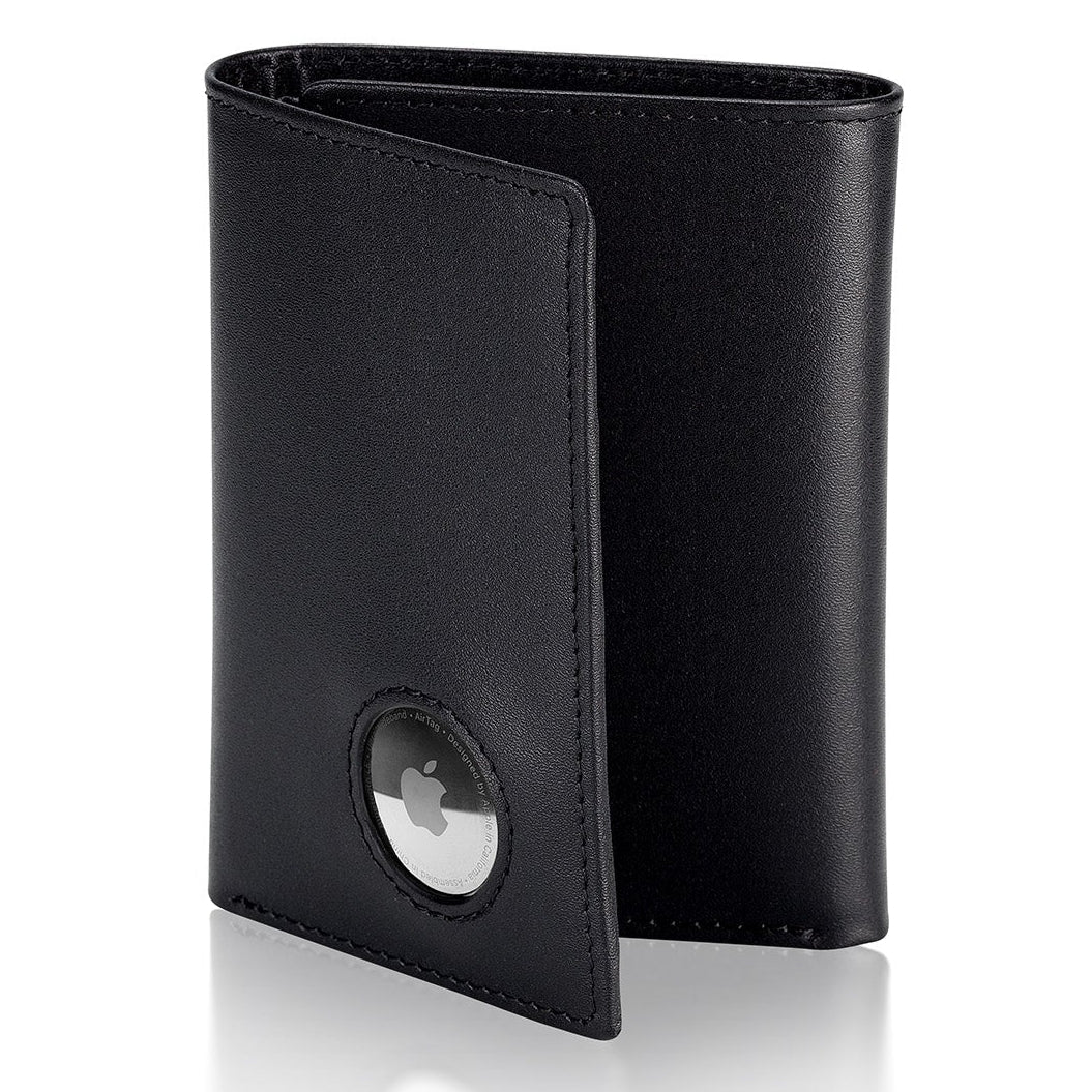 Stealth Mode Men's Leather Trifold Wallet with Airtag Holder and RFID Blocking (Black)